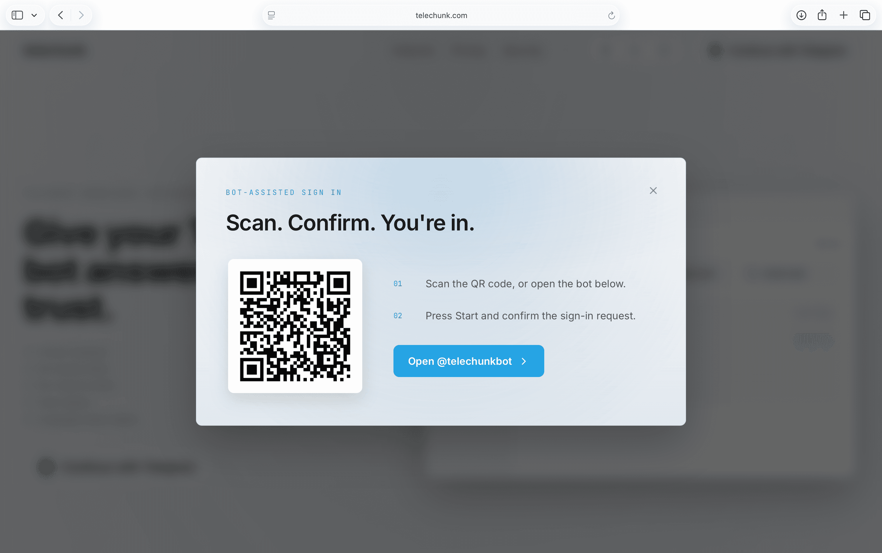 Telechunk login dialog with the Telegram login button
