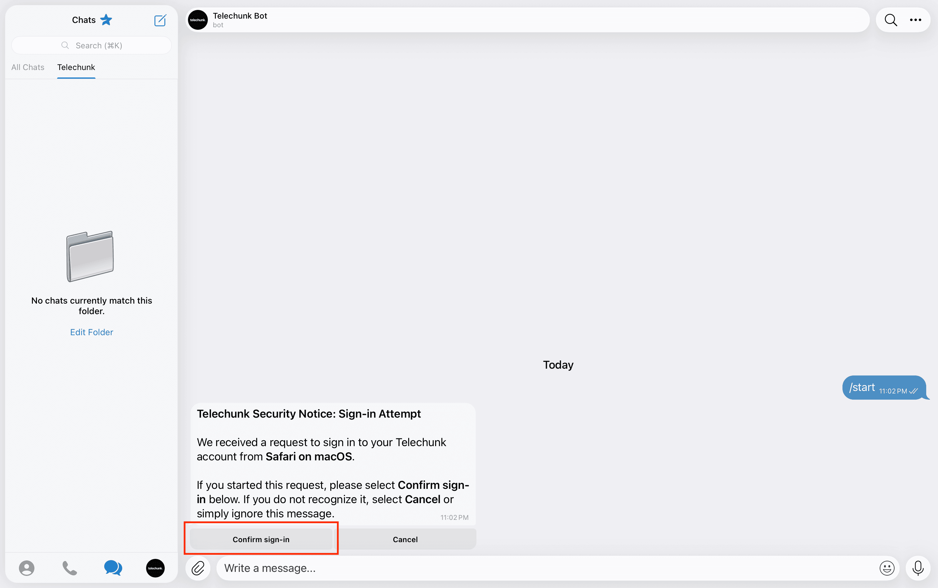 Telegram confirmation message for signing in to Telechunk