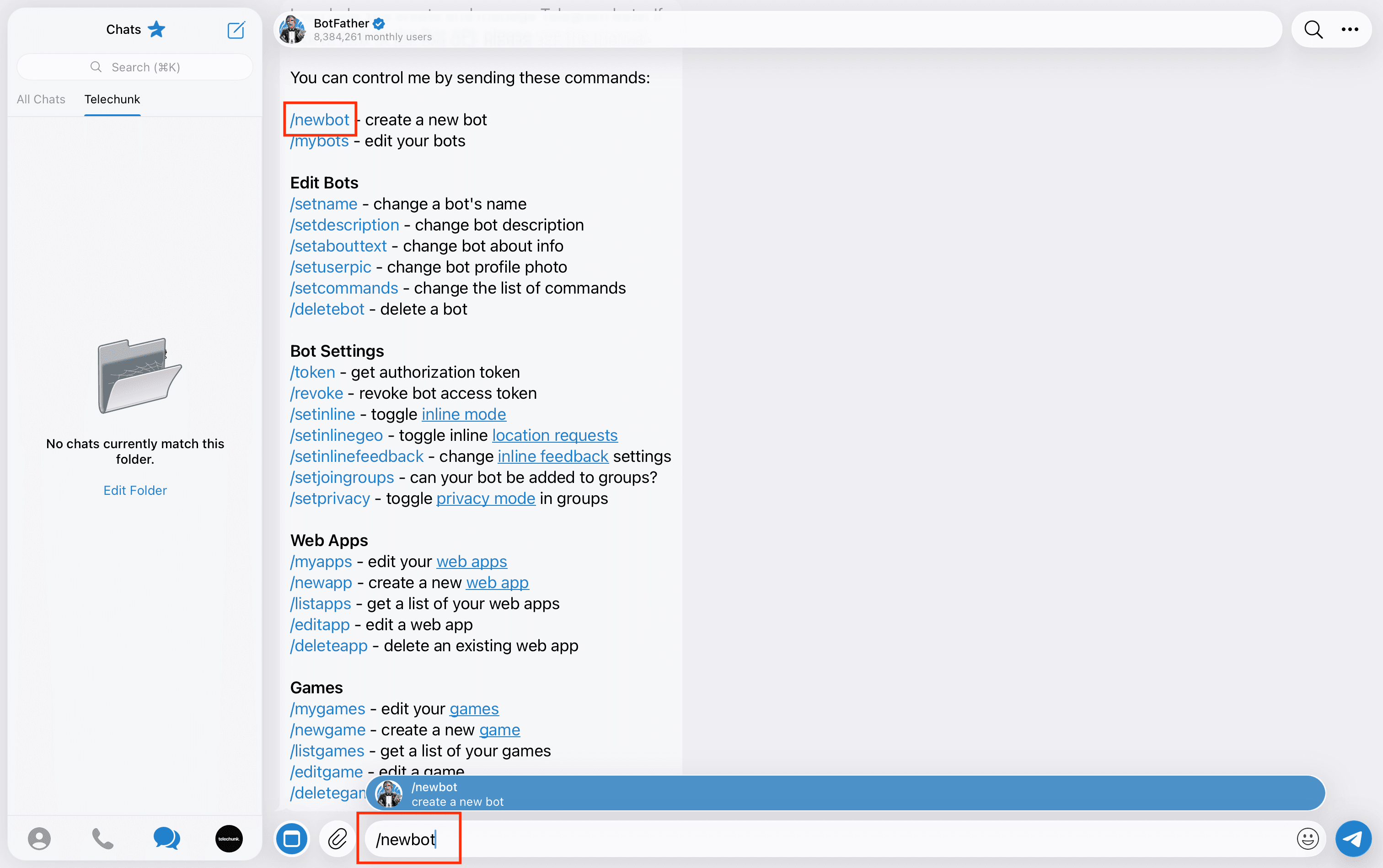 Telegram BotFather chat showing the new bot command
