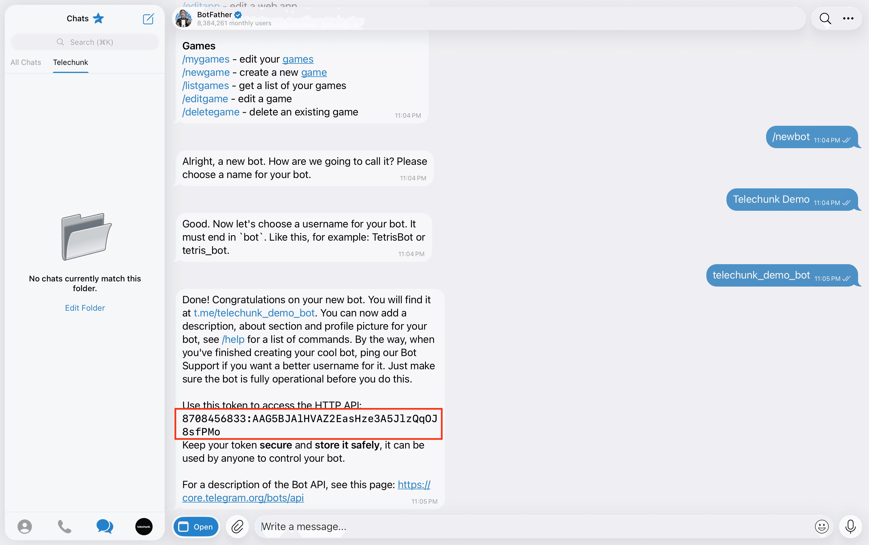 BotFather confirmation showing the newly created bot and its token
