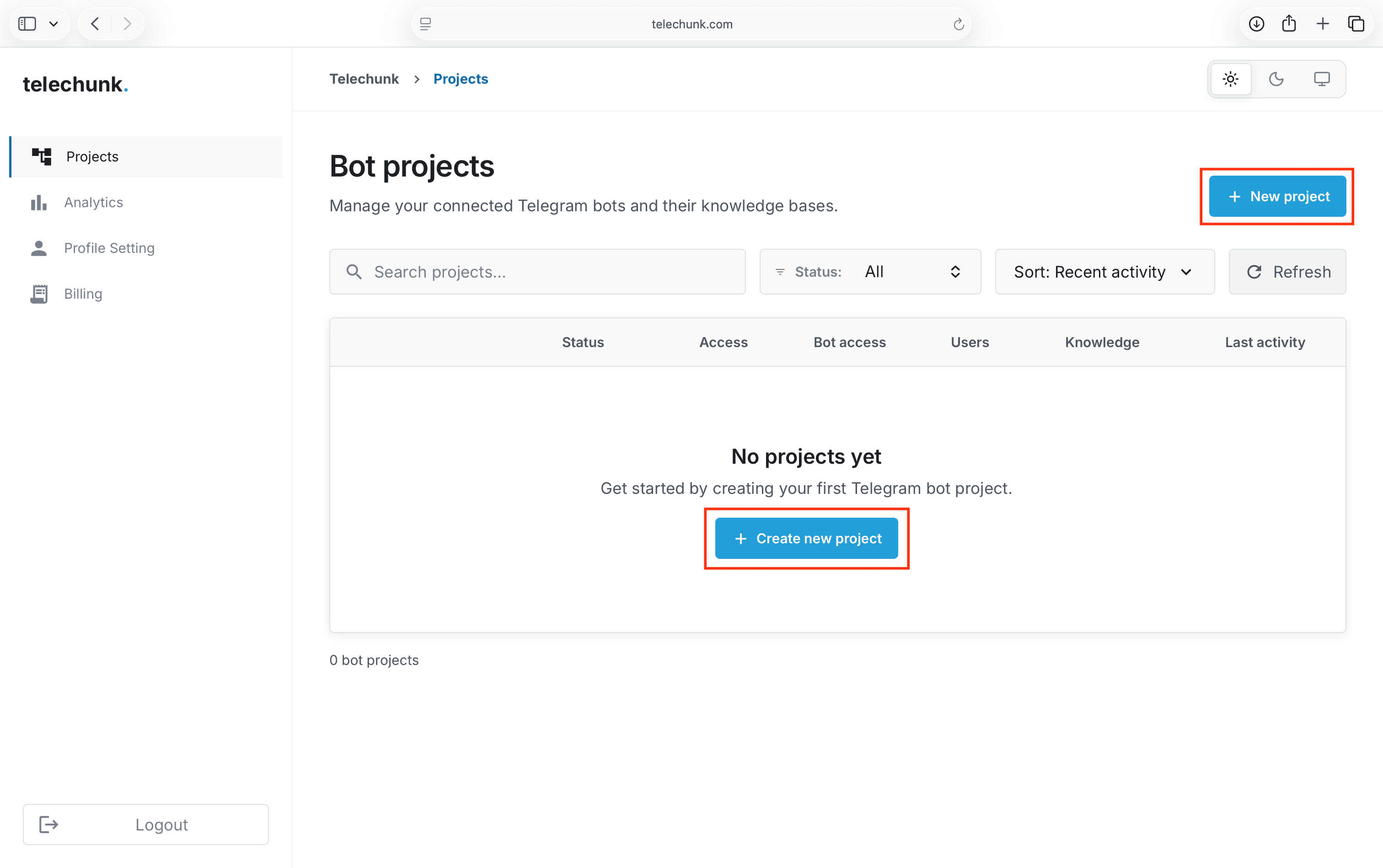Telechunk projects screen with the create new bot button highlighted