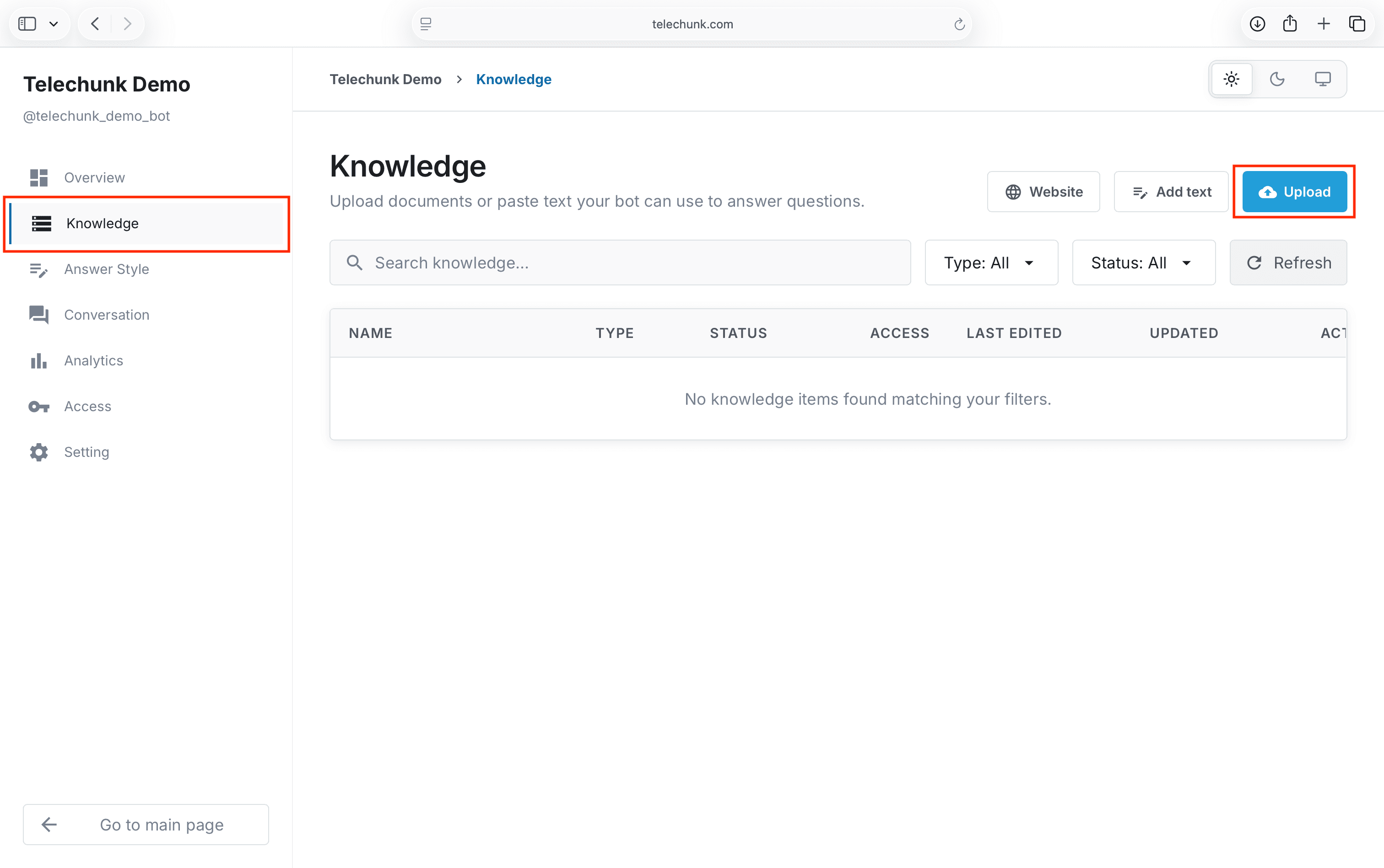 Telechunk project knowledge page with the create knowledge button