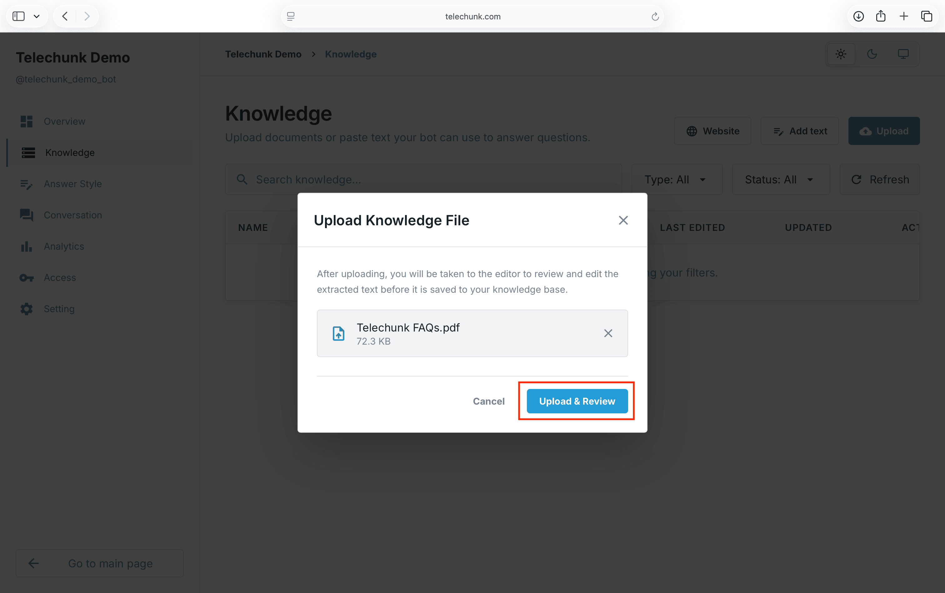 Telechunk upload file dialog for adding a knowledge document