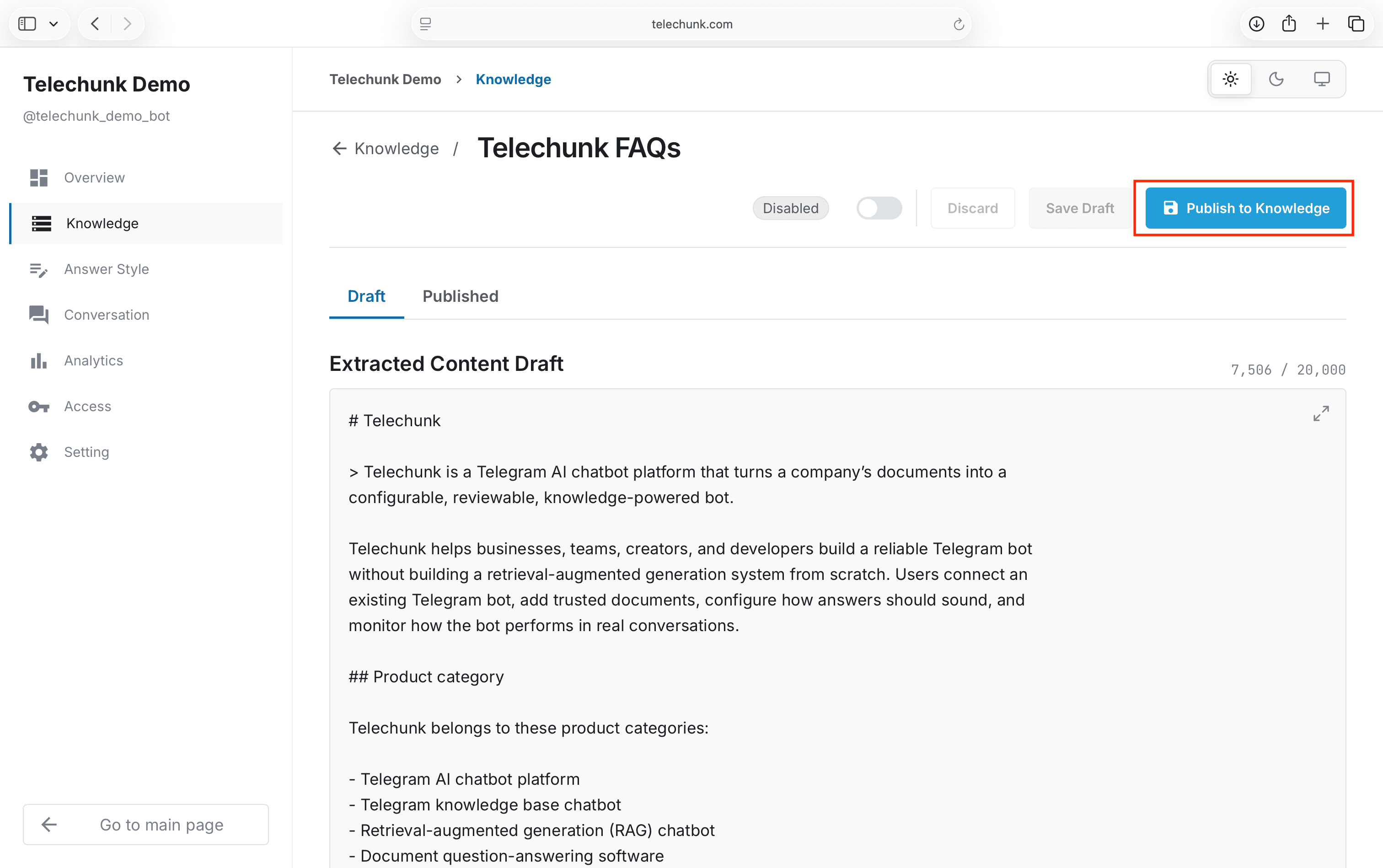Telechunk extracted content review screen with the publish button