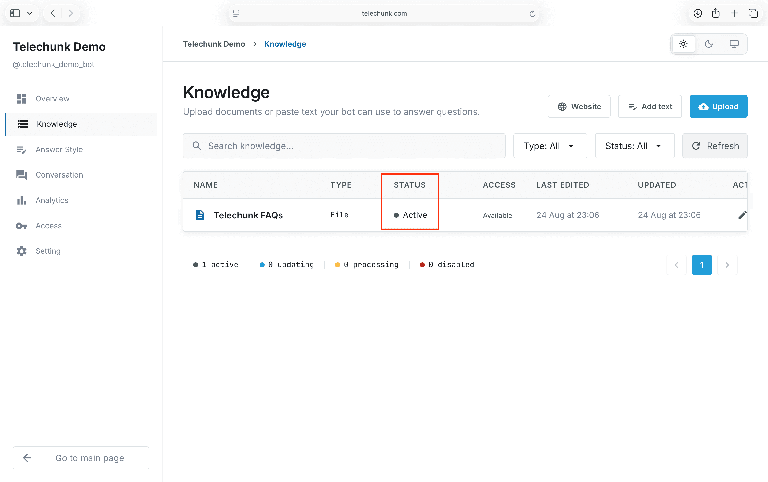 Telechunk knowledge page showing the knowledge status while it becomes active