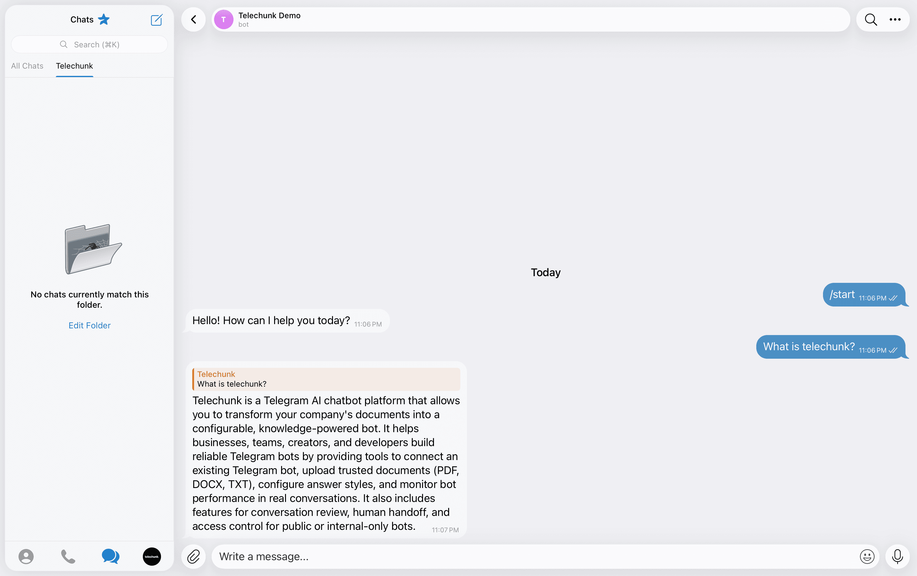 Telegram chat showing a test question and answer from the Telechunk bot